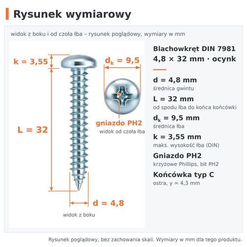 Rysunek wymiarowy – blachowkręt DIN 7981 4,8 × 32 ocynk: d 4,8 mm, L 32 mm, dk 9,5 mm, k 3,55 mm