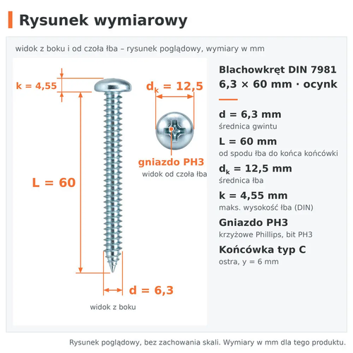 Rysunek wymiarowy – blachowkręt DIN 7981 6,3 × 60 ocynk: d 6,3 mm, L 60 mm, dk 12,5 mm, k 4,55 mm