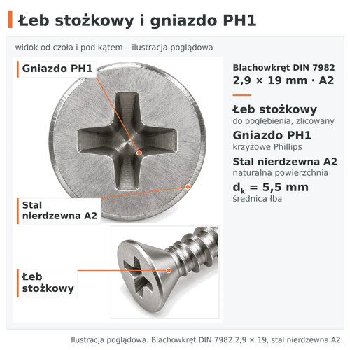 Łeb stożkowy i gniazdo krzyżowe PH1 – blachowkręt DIN 7982 2,9 × 19, stal nierdzewna A2