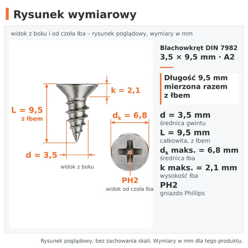 Rysunek wymiarowy – blachowkręt DIN 7982 3,5 × 9,5 A2: d 3,5 mm, L 9,5 mm z łbem, dk 6,8 mm, k 2,1 mm, PH2