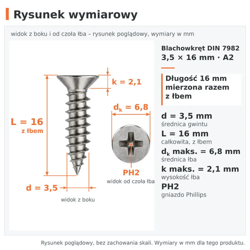 Rysunek wymiarowy – blachowkręt DIN 7982 3,5 × 16 A2: d 3,5 mm, L 16 mm z łbem, dk 6,8 mm, k 2,1 mm, PH2