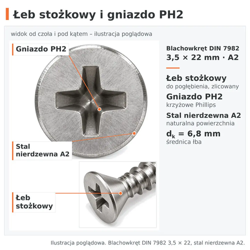 Łeb stożkowy i gniazdo krzyżowe PH2 – blachowkręt DIN 7982 3,5 × 22, stal nierdzewna A2