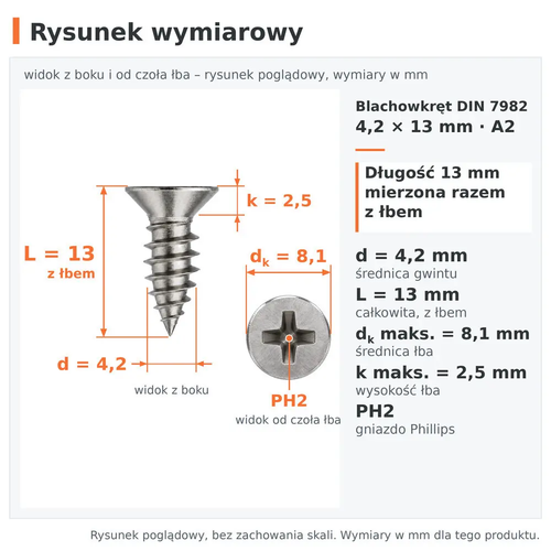 Rysunek wymiarowy – blachowkręt DIN 7982 4,2 × 13 A2: d 4,2 mm, L 13 mm z łbem, dk 8,1 mm, k 2,5 mm, PH2