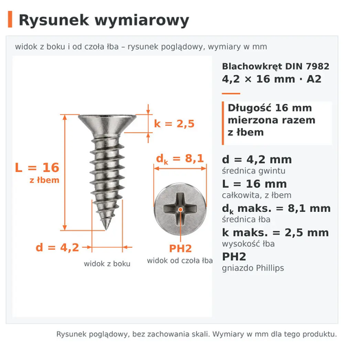 Rysunek wymiarowy – blachowkręt DIN 7982 4,2 × 16 A2: d 4,2 mm, L 16 mm z łbem, dk 8,1 mm, k 2,5 mm, PH2