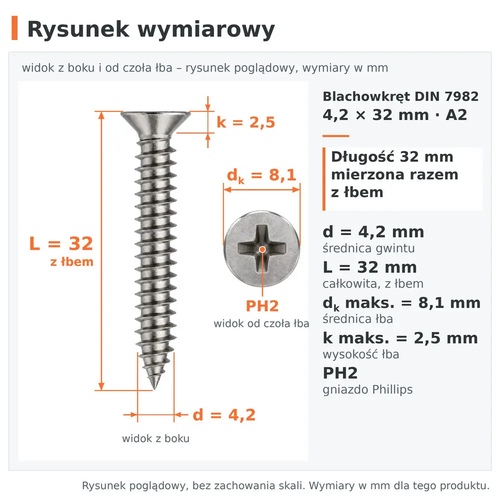 Rysunek wymiarowy – blachowkręt DIN 7982 4,2 × 32 A2: d 4,2 mm, L 32 mm z łbem, dk 8,1 mm, k 2,5 mm, PH2