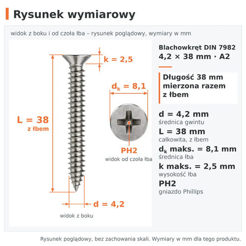 Rysunek wymiarowy – blachowkręt DIN 7982 4,2 × 38 A2: d 4,2 mm, L 38 mm z łbem, dk 8,1 mm, k 2,5 mm, PH2