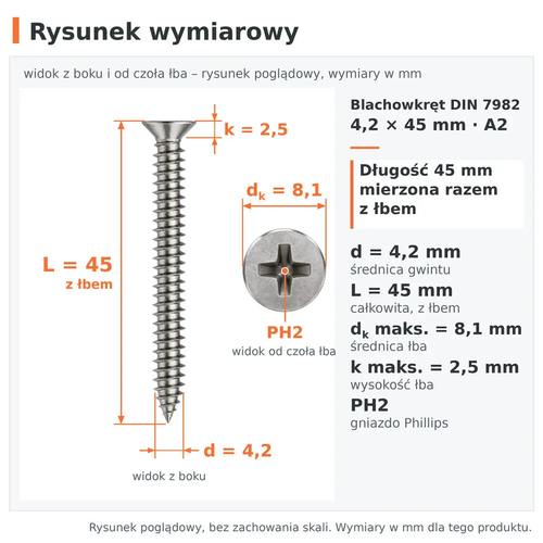 Rysunek wymiarowy – blachowkręt DIN 7982 4,2 × 45 A2: d 4,2 mm, L 45 mm z łbem, dk 8,1 mm, k 2,5 mm, PH2
