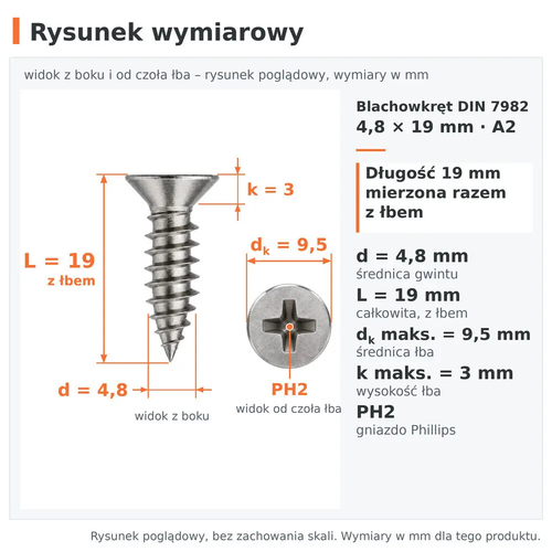 Rysunek wymiarowy – blachowkręt DIN 7982 4,8 × 19 A2: d 4,8 mm, L 19 mm z łbem, dk 9,5 mm, k 3 mm, PH2