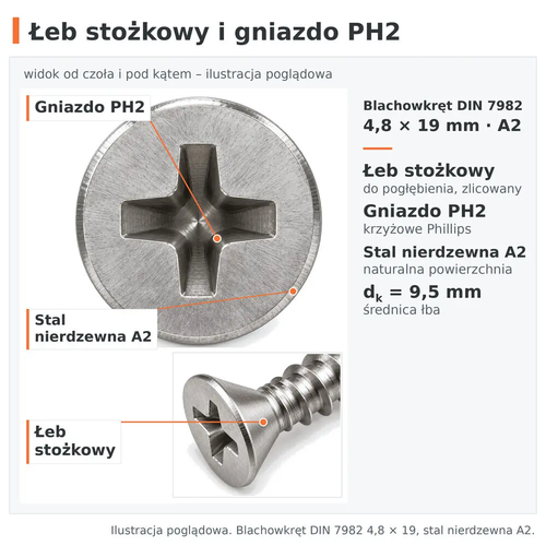 Łeb stożkowy i gniazdo krzyżowe PH2 – blachowkręt DIN 7982 4,8 × 19, stal nierdzewna A2