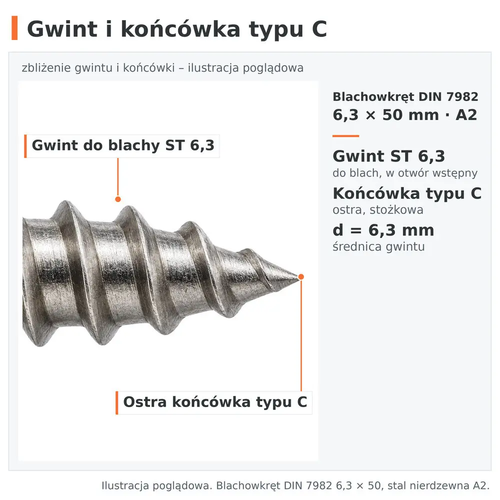 Gwint do blachy ST 6,3 i ostra końcówka typu C – blachowkręt DIN 7982 6,3 × 50, stal nierdzewna A2
