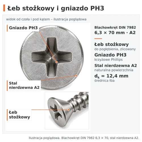 Łeb stożkowy i gniazdo krzyżowe PH3 – blachowkręt DIN 7982 6,3 × 70, stal nierdzewna A2