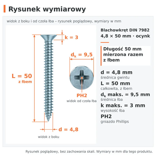 Rysunek wymiarowy – blachowkręt DIN 7982 4,8 × 50 ocynk: d 4,8 mm, L 50 mm z łbem, dk 9,5 mm, k 3 mm, PH2