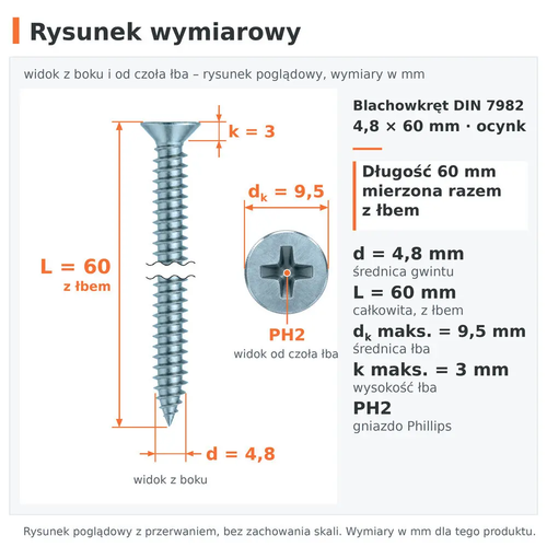 Rysunek wymiarowy – blachowkręt DIN 7982 4,8 × 60 ocynk: d 4,8 mm, L 60 mm z łbem, dk 9,5 mm, k 3 mm, PH2