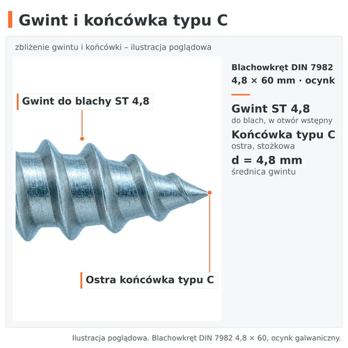 Gwint do blachy ST 4,8 i ostra końcówka typu C – blachowkręt DIN 7982 4,8 × 60, ocynk galwaniczny