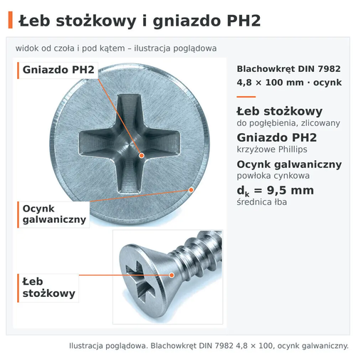 Łeb stożkowy i gniazdo krzyżowe PH2 – blachowkręt DIN 7982 4,8 × 100, ocynk galwaniczny