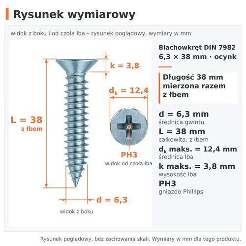 Rysunek wymiarowy – blachowkręt DIN 7982 6,3 × 38 ocynk: d 6,3 mm, L 38 mm z łbem, dk 12,4 mm, k 3,8 mm, PH3