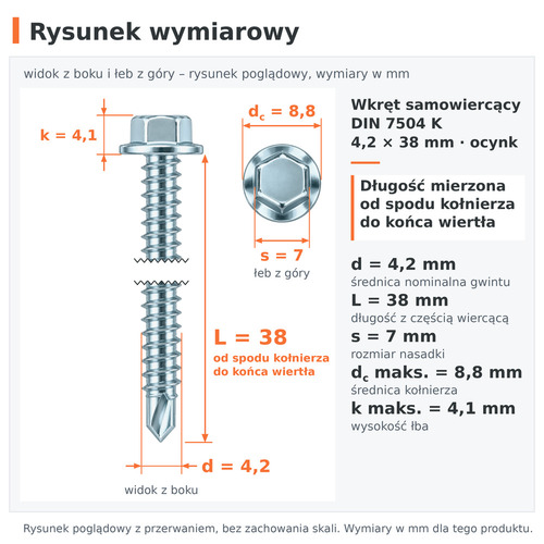 Rysunek wymiarowy – wkręt samowiercący DIN 7504 K 4,2 × 38 ocynk: d 4,2 mm, L 38 mm, s 7 mm, dc 8,8 mm, k 4,1 mm