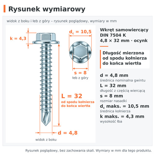Rysunek wymiarowy – wkręt samowiercący DIN 7504 K 4,8 × 32 ocynk: d 4,8 mm, L 32 mm, s 8 mm, dc 10,5 mm, k 4,3 mm