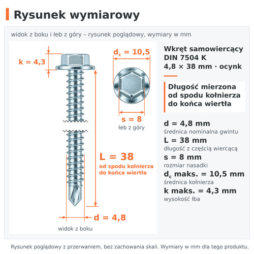 Rysunek wymiarowy – wkręt samowiercący DIN 7504 K 4,8 × 38 ocynk: d 4,8 mm, L 38 mm, s 8 mm, dc 10,5 mm, k 4,3 mm