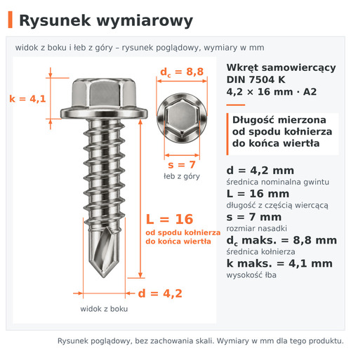 Rysunek wymiarowy – wkręt samowiercący DIN 7504 K 4,2 × 16 A2: d 4,2 mm, L 16 mm, s 7 mm, dc 8,8 mm, k 4,1 mm