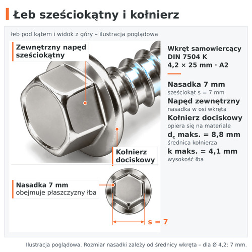 Łeb sześciokątny z kołnierzem, nasadka 7 mm – wkręt samowiercący DIN 7504 K 4,2 × 25, stal nierdzewna A2