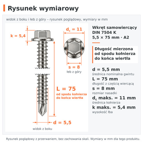 Rysunek wymiarowy – wkręt samowiercący DIN 7504 K 5,5 × 75 A2: d 5,5 mm, L 75 mm, s 8 mm, dc 11 mm, k 5,4 mm