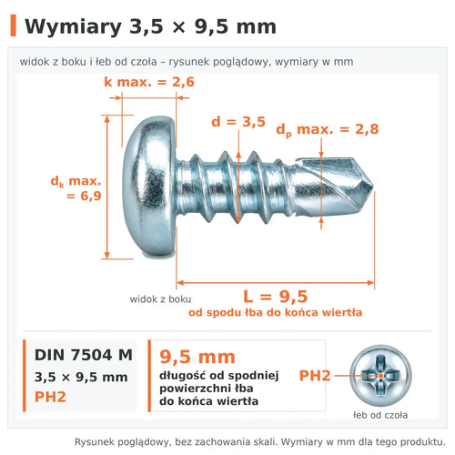 Wymiary wkręta samowiercącego DIN 7504 M 3,5 × 9,5: d 3,5 mm, L 9,5 mm od spodu łba do końca wiertła, dp max. 2,8 mm, dk max. 6,9 mm, k max. 2,6 mm, PH2