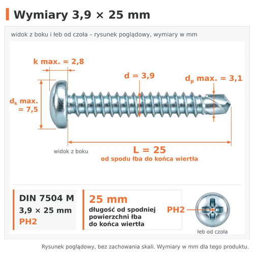 Wymiary wkręta samowiercącego DIN 7504 M 3,9 × 25: d 3,9 mm, L 25 mm od spodu łba do końca wiertła, dp max. 3,1 mm, dk max. 7,5 mm, k max. 2,8 mm, PH2