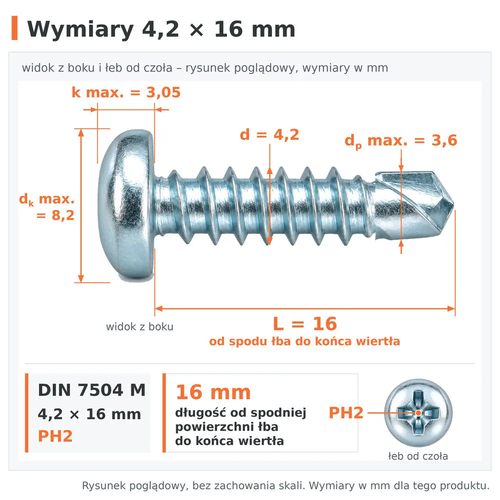 Wymiary wkręta samowiercącego DIN 7504 M 4,2 × 16: d 4,2 mm, L 16 mm od spodu łba do końca wiertła, dp max. 3,6 mm, dk max. 8,2 mm, k max. 3,05 mm, PH2