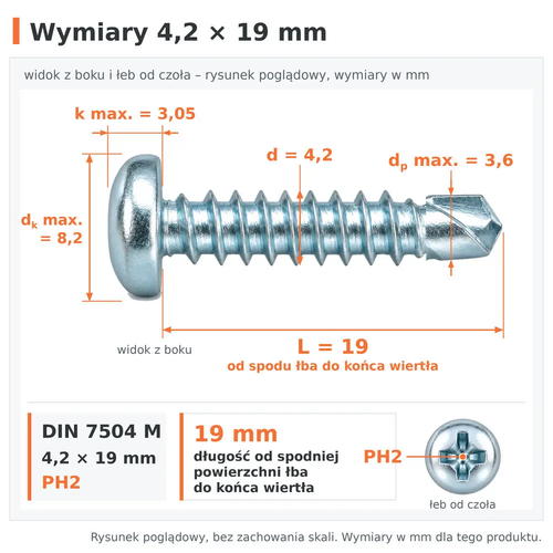 Wymiary wkręta samowiercącego DIN 7504 M 4,2 × 19: d 4,2 mm, L 19 mm od spodu łba do końca wiertła, dp max. 3,6 mm, dk max. 8,2 mm, k max. 3,05 mm, PH2