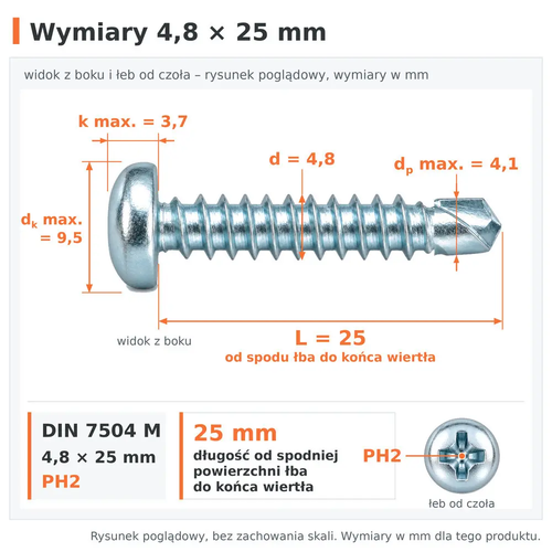 Wymiary wkręta samowiercącego DIN 7504 M 4,8 × 25: d 4,8 mm, L 25 mm od spodu łba do końca wiertła, dp max. 4,1 mm, dk max. 9,5 mm, k max. 3,7 mm, PH2
