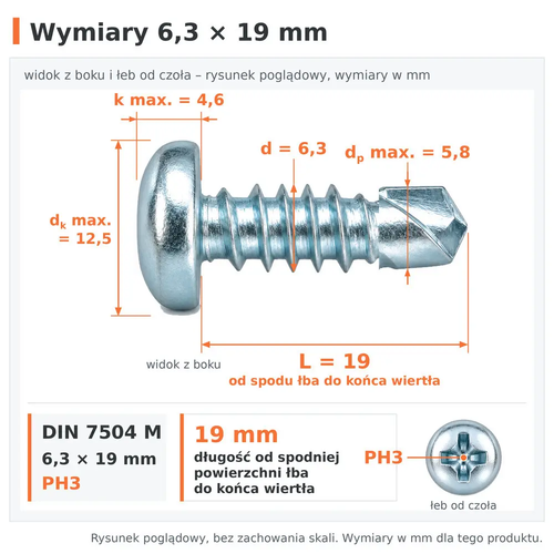 Wymiary wkręta samowiercącego DIN 7504 M 6,3 × 19: d 6,3 mm, L 19 mm od spodu łba do końca wiertła, dp max. 5,8 mm, dk max. 12,5 mm, k max. 4,6 mm, PH3