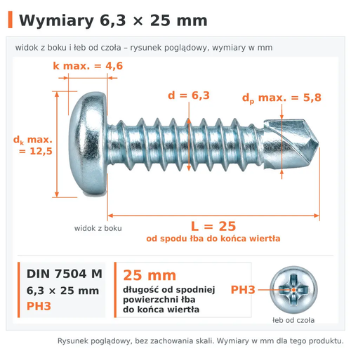 Wymiary wkręta samowiercącego DIN 7504 M 6,3 × 25: d 6,3 mm, L 25 mm od spodu łba do końca wiertła, dp max. 5,8 mm, dk max. 12,5 mm, k max. 4,6 mm, PH3