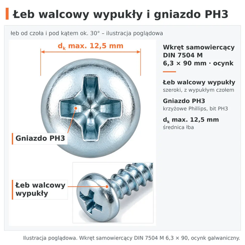 Łeb walcowy wypukły i gniazdo krzyżowe PH3 (dk max. 12,5 mm) – wkręt samowiercący DIN 7504 M 6,3 × 90, ocynk