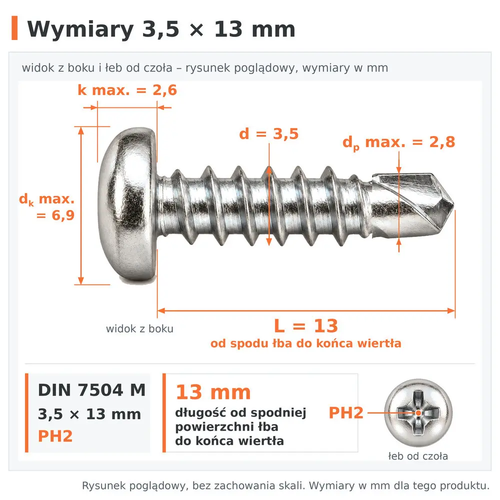 Wymiary wkręta samowiercącego DIN 7504 M 3,5 × 13: d 3,5 mm, L 13 mm od spodu łba do końca wiertła, dp max. 2,8 mm, dk max. 6,9 mm, k max. 2,6 mm, PH2