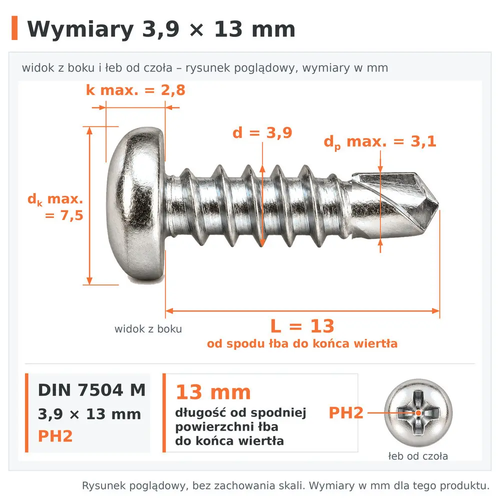 Wymiary wkręta samowiercącego DIN 7504 M 3,9 × 13: d 3,9 mm, L 13 mm od spodu łba do końca wiertła, dp max. 3,1 mm, dk max. 7,5 mm, k max. 2,8 mm, PH2