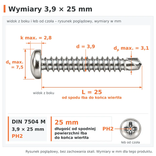 Wymiary wkręta samowiercącego DIN 7504 M 3,9 × 25: d 3,9 mm, L 25 mm od spodu łba do końca wiertła, dp max. 3,1 mm, dk max. 7,5 mm, k max. 2,8 mm, PH2