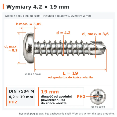 Wymiary wkręta samowiercącego DIN 7504 M 4,2 × 19: d 4,2 mm, L 19 mm od spodu łba do końca wiertła, dp max. 3,6 mm, dk max. 8,2 mm, k max. 3,05 mm, PH2
