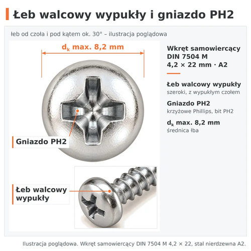 Łeb walcowy wypukły i gniazdo krzyżowe PH2 (dk max. 8,2 mm) – wkręt samowiercący DIN 7504 M 4,2 × 22, A2