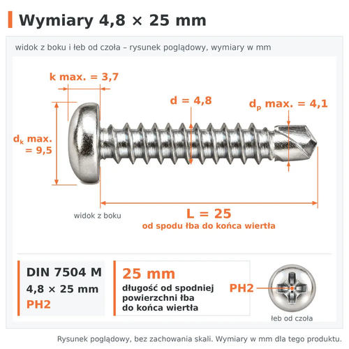 Wymiary wkręta samowiercącego DIN 7504 M 4,8 × 25: d 4,8 mm, L 25 mm od spodu łba do końca wiertła, dp max. 4,1 mm, dk max. 9,5 mm, k max. 3,7 mm, PH2