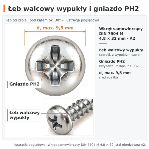 Łeb walcowy wypukły i gniazdo krzyżowe PH2 (dk max. 9,5 mm) – wkręt samowiercący DIN 7504 M 4,8 × 32, A2