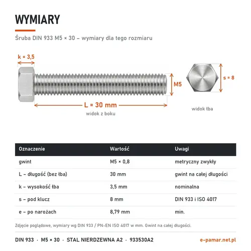 Wymiary śruby DIN 933 M5×30: długość 30 mm, łeb k 3,5 mm, klucz s 8 mm