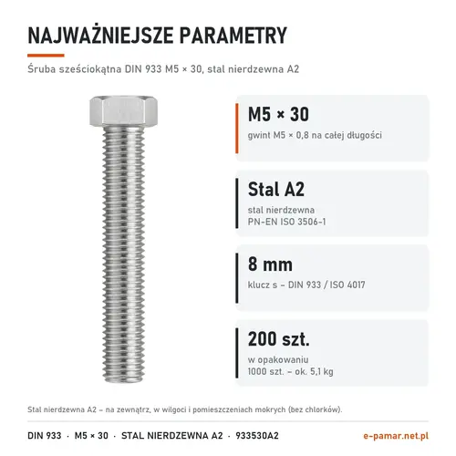 Parametry śruby DIN 933 M5×30 stal nierdzewna A2: gwint M5×0,8, 200 szt. w opakowaniu