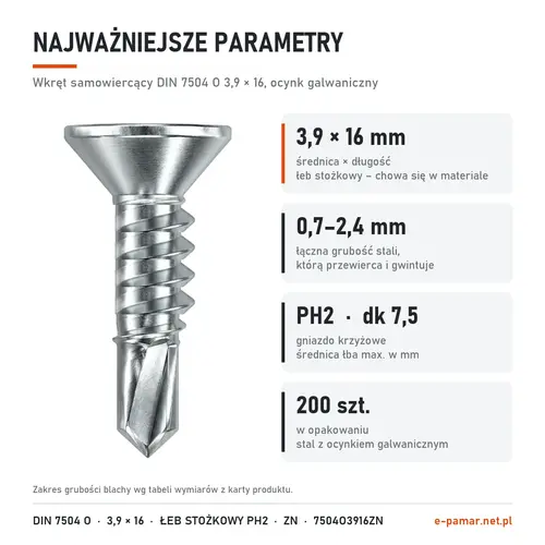 Parametry wkręta DIN 7504 O 3,9 × 16 ocynk galwaniczny: blacha 0,7–2,4 mm, gniazdo PH2, 200 szt. w opakowaniu