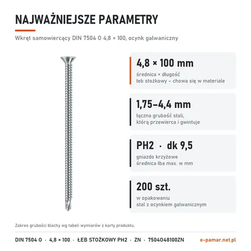 Parametry wkręta DIN 7504 O 4,8 × 100 ocynk galwaniczny: blacha 1,75–4,4 mm, gniazdo PH2, 200 szt. w opakowaniu