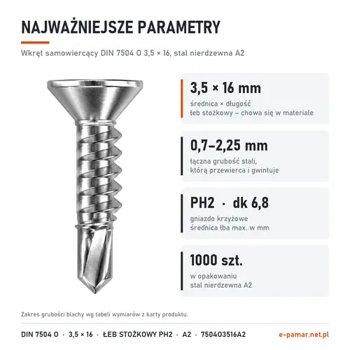 Parametry wkręta DIN 7504 O 3,5 × 16 stal nierdzewna A2: blacha 0,7–2,25 mm, gniazdo PH2, 1000 szt. w opakowaniu