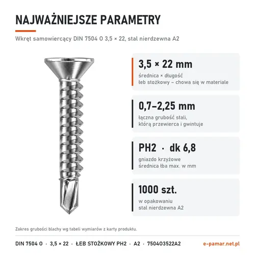 Parametry wkręta DIN 7504 O 3,5 × 22 stal nierdzewna A2: blacha 0,7–2,25 mm, gniazdo PH2, 1000 szt. w opakowaniu