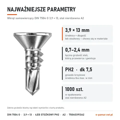 Parametry wkręta DIN 7504 O 3,9 × 13 stal nierdzewna A2: blacha 0,7–2,4 mm, gniazdo PH2, 1000 szt. w opakowaniu