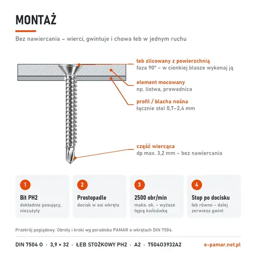Montaż wkręta samowiercącego DIN 7504 O 3,9 × 32 bez nawiercania – bit PH2, do ok. 2500 obr/min