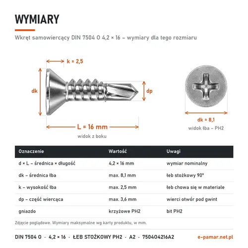 Wymiary wkręta samowiercącego DIN 7504 O 4,2 × 16: łeb dk 8,1 mm, k 2,5 mm, część wiercąca dp 3,6 mm